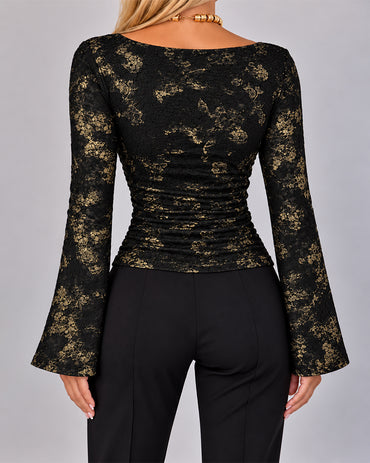 Women's Gold Foil Jacquard Boat Neck Flare Sleeve Ruched Slim Fit Top