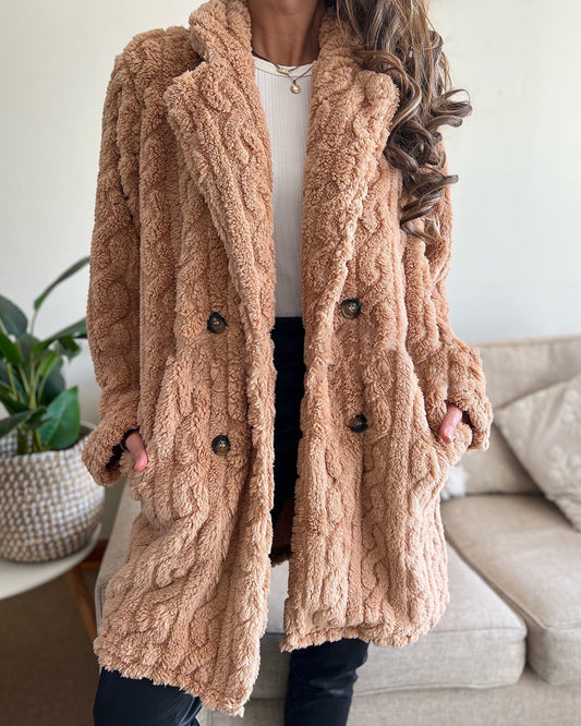 Cable Textured Lapel Neck Button Front Pocket Design Thermal Teddy Coat