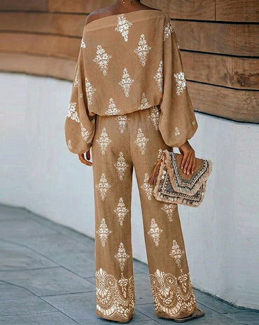 Women's 2 Piece Vintage Print Bohemian Outfit Skew Neck Lantern Sleeve Top and High Waisted Pants Set Casual Vacation Set