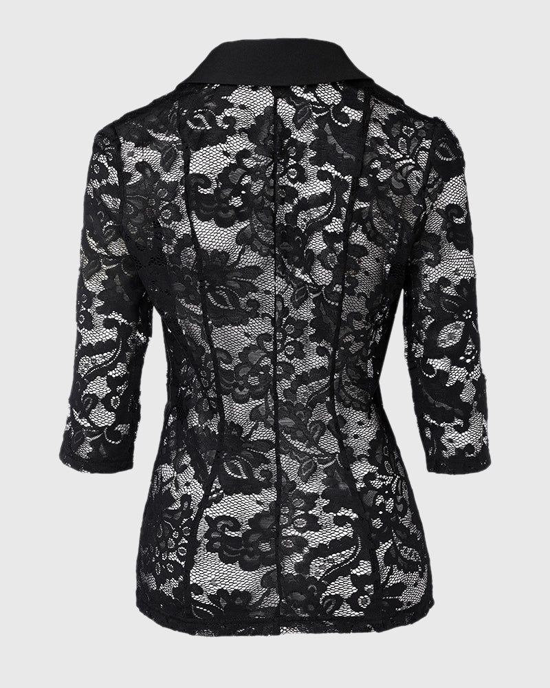 Lapel Neck Three Quarters Sleeve Single Breasted Coat Casual Flap Detail Lace Spliced Sheer Blazer