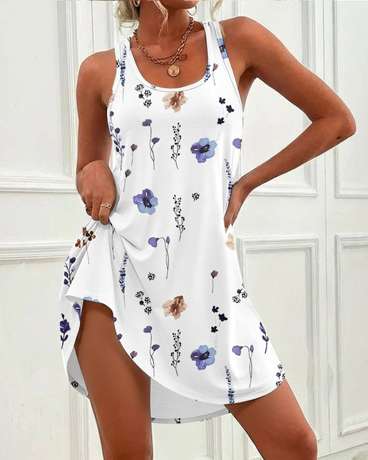 Allover Watercolor Floral Print U-Neck Sleeveless Curved Hem Dress Casual Racerback Loungewear Dress