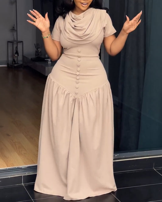 Single Breasted Decor Cowl Neck Short Sleeve Cinched Waist Maxi Dress Elegant Zipper Back Ruched Party Dress