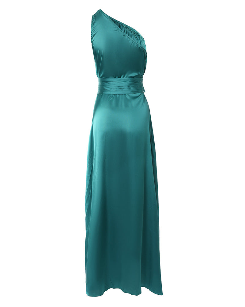 Women's One Shoulder Satin Maxi Dress Ruched High Waist Wrap Slit Elegant Evening Gown Formal Dress