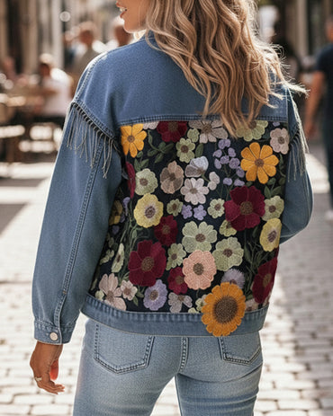 Colorblock 3D Flower Lace Embroidery Patch Denim Coat Casual Turn-down Collar Jacket