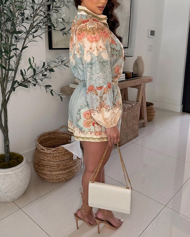 Women's Vintage Palace Floral Print 2 Piece Outfits Lantern Sleeve Button Down Shirt and High Waisted A-Line Shorts Set