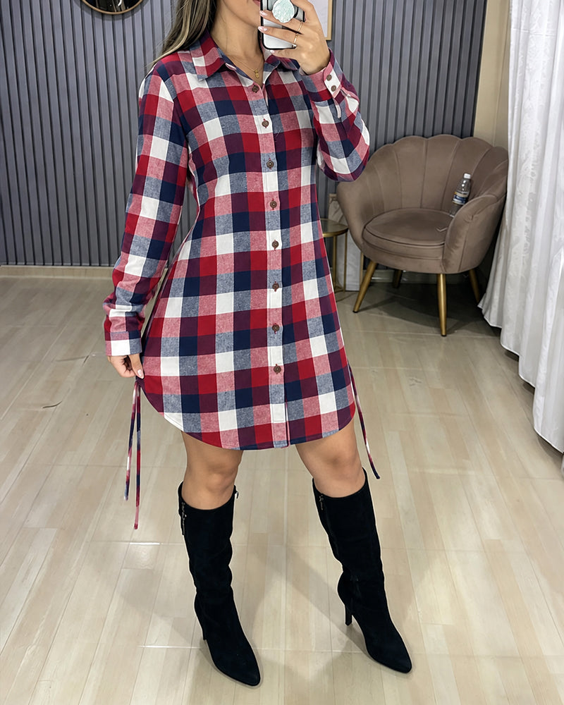 Women's Plaid Shirred Back Waist Shirt Dress Single Breasted Long Sleeve Casual Dress