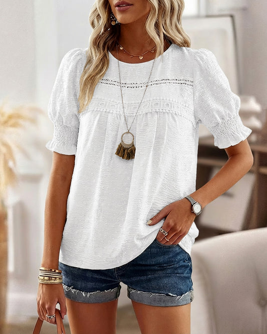 Puff Sleeve Hollow-out Lace Spliced 3D Jacquard Blouse Casual Shirred Cuffs Loose Fit Top