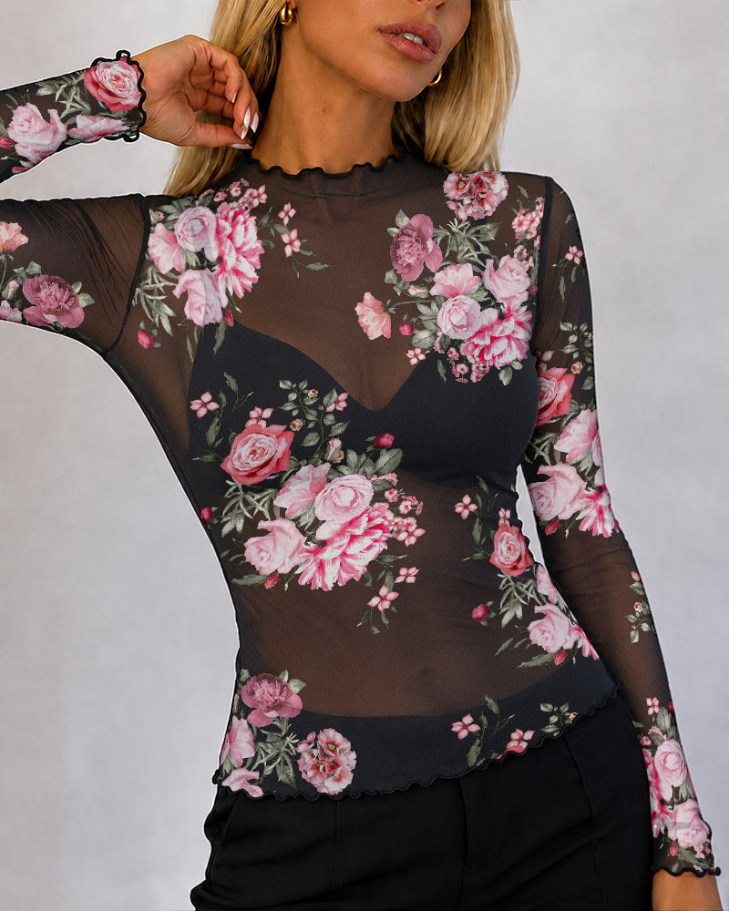 Women's Sheer Mesh Vintage Floral Print Mock Neck Frill Trim Long Sleeve Top