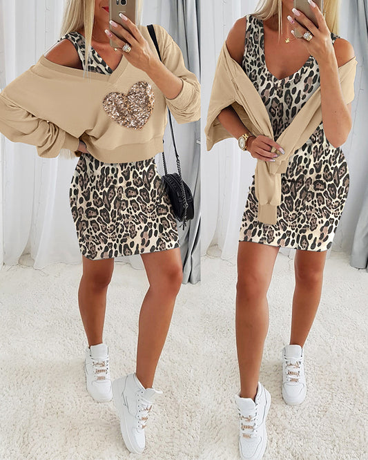 2 Piece Contrast Sequin Heart Pattern V-Neck Sweatshirt Leopard Print Sleeveless Tank Dress Set