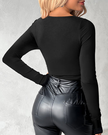 Rhinestone Decor Sweetheart Neck Long Sleeve Slim Fit Tee Bowknot Decor Casual Top with Thumb Hole Cuffs