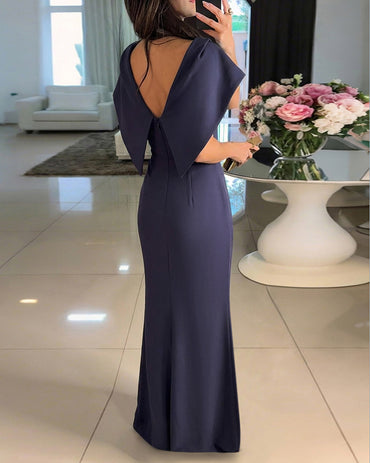 Colorblock Off the Shoulder Maxi Dress with Shawl Design Elegant Backless Detail Bodycon Pleated Party Dress