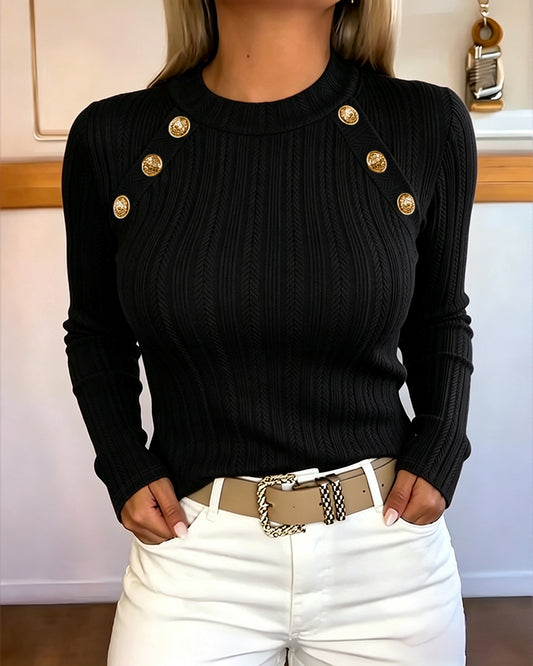 Women's Gold Button Crew Neck Textured Knit Long Sleeve Top