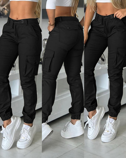 Zipper Fly Drawstring Elastic Back Waist Cuffed Trousers Casual Multiple Flap Pockets Design Cargo Pants