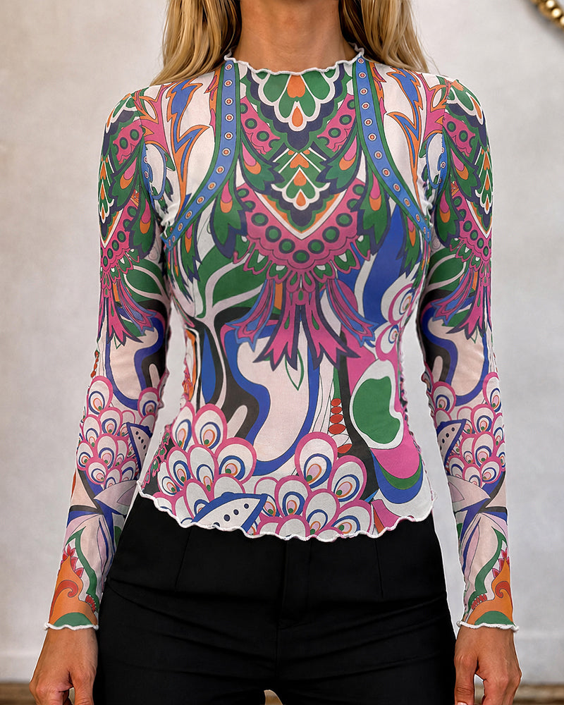 Women's Vintage Abstract Print Sheer Mesh Top Frill Trim Mock Neck Long Sleeve Tee