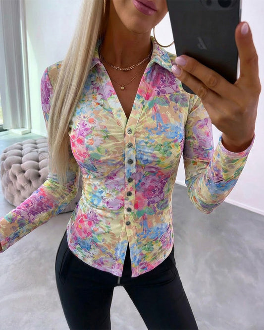 Watercolor Floral Print Turn-down Collar V-Neck Button Front Shirt Slim Fit Long Sleeve Ruched Sheer Mesh Top