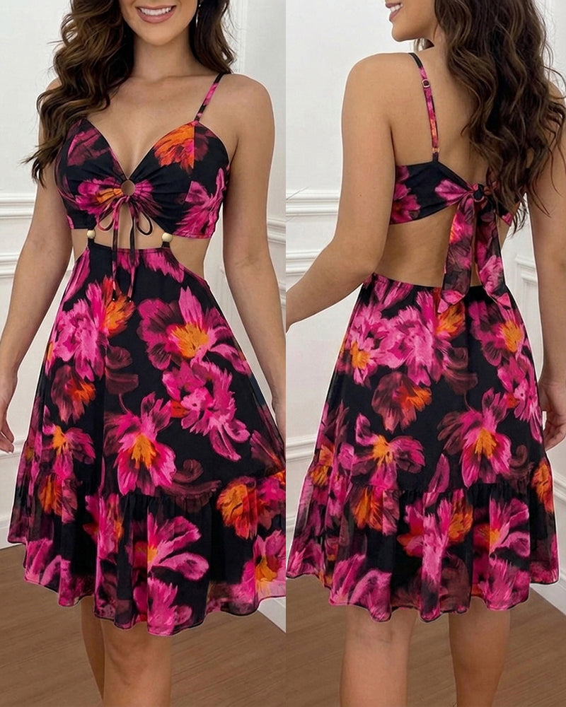 Women's Vintage Floral Print Mini Dress Sexy Sweetheart Neck Cut Out Sundress Backless Ruched A-Line Vacation Dress 2 Women's Vintage Floral Print Mini Dress Sexy Sweetheart Neck Cut Out Sundress Backless Ruched A-Line Vacation Dress - Image 2