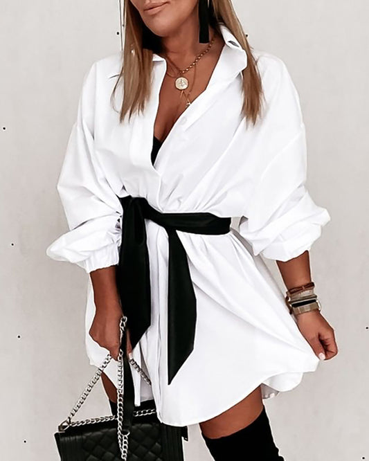 Turn-down Collar Long Sleeve Tied Detail Shirt Dress Mini Dress with Belt