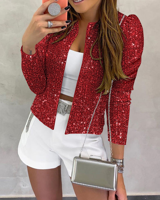 Sparkly Sequin Open Front Puff Sleeve Blazer Coat