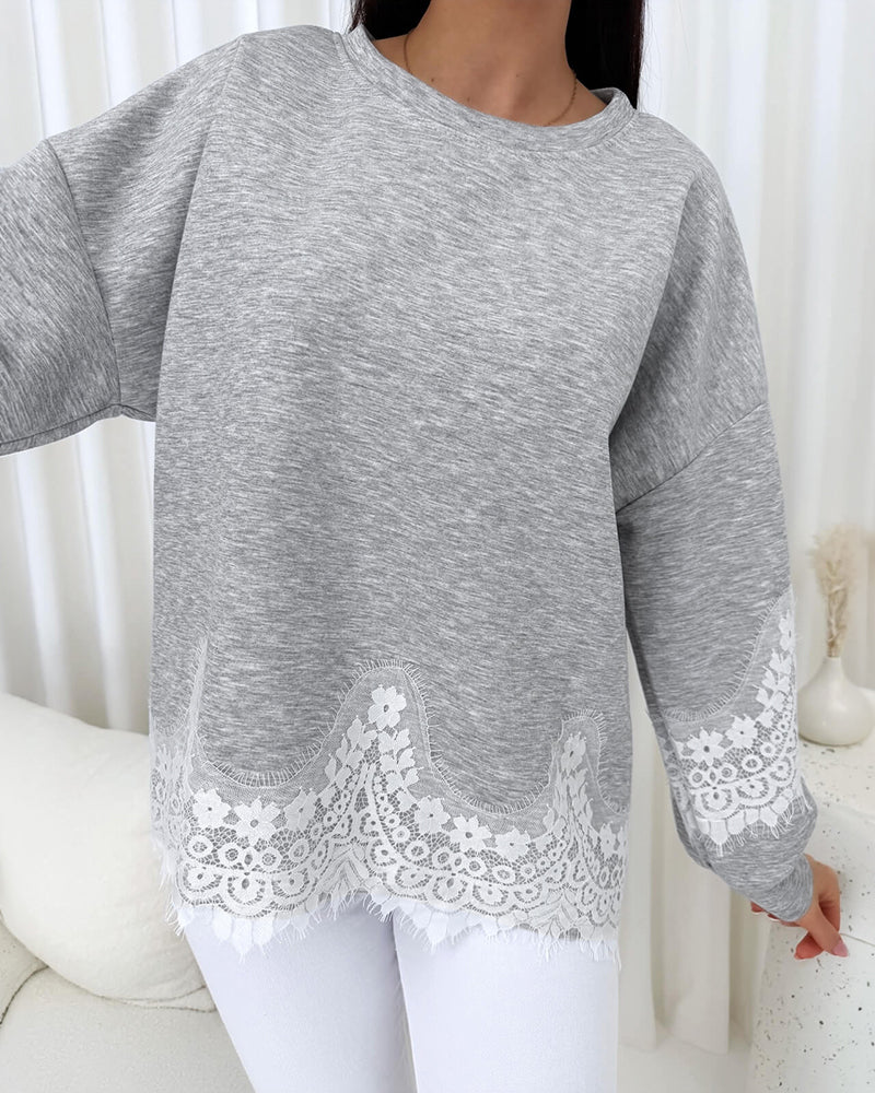 Women's Lace Trim Oversized Sweatshirt Drop Shoulder Long Sleeve Pullover Loose Fit Casual Crewneck Top