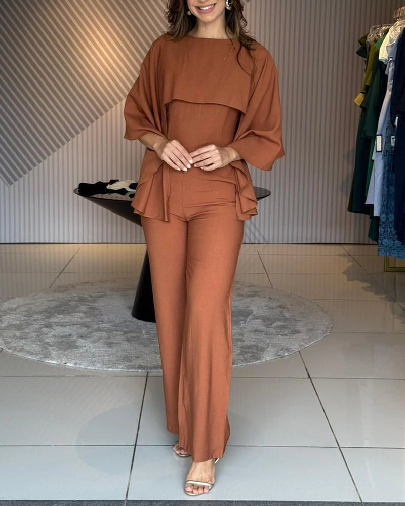 Women's Cape Jumpsuit High Waist Straight Leg Overalls Elegant Evening Jumpsuit with Pockets
