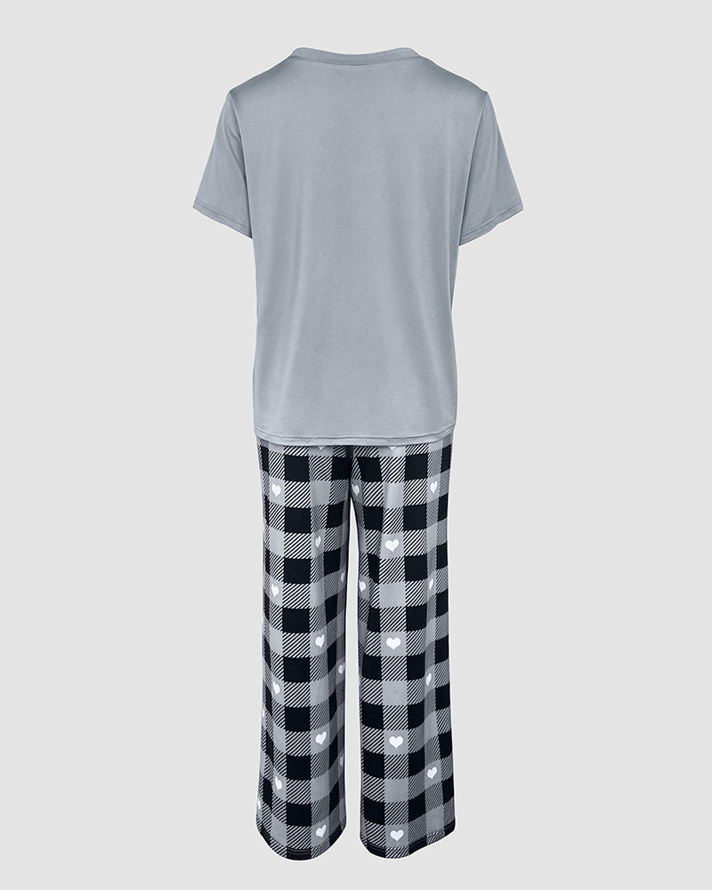 2 Pieces Outfit Cute Letter Print Short Sleeve T-shirt and Plaid Pants Set Loungewear