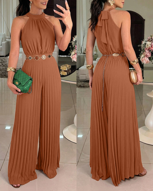CHICME Women's Halter Tie Wide Leg Jumpsuit Pleated High Waist One-Piece Romper Elegant Sleeveless Evening Party Jumpsuit without Waist Chain