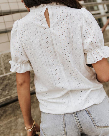 Elegant Frill Hem Stand Collar Puff Sleeve Blouse Casual Hollow Out Embroidery Pullover Top
