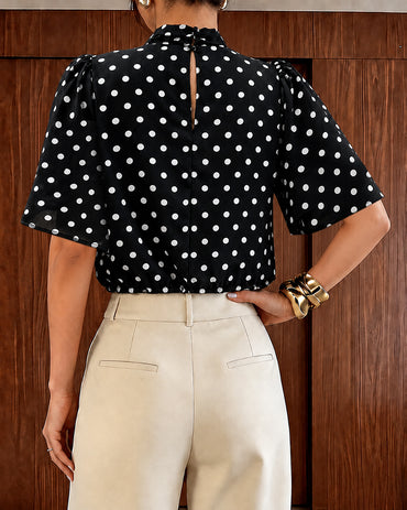 Women's Mock Neck Chiffon Blouse Polka Dot Ruched Elegant Flared Sleeve Top Casual Office Commute Shirt