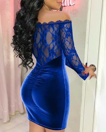Off Shoulder Long Sleeve Lace Spliced Ruched Evening Dress Velvet Mini Party Dress