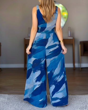 Vintage Abstract Watercolor Print V-Neck Stretchy Thick Straps High Waist Backless Overalls Casual Shirred Waist Cinched Waist Wide Leg Jumpsuit