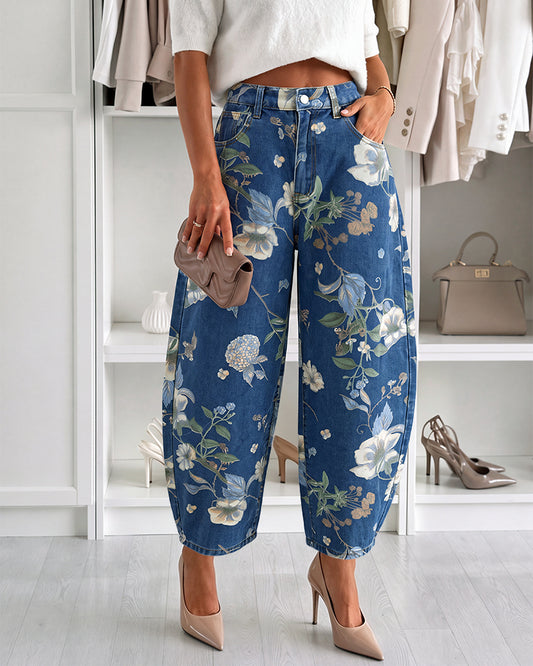 Women's Vintage Floral Printed Baggy Denim Pants Casual High Waisted Cropped Barrel Jeans