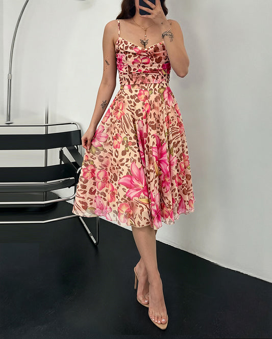 Women's Leopard Floral Mesh Midi Dress Sexy Cowl Neck Cami Dress High Waisted Ruched Backless A Line Sundress