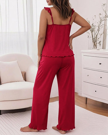 Women's 2 Piece Pajama Set Frill Trim Camisole Top and Wide Leg Pants Lounge Set Soft Sleepwear Outfits with Pockets