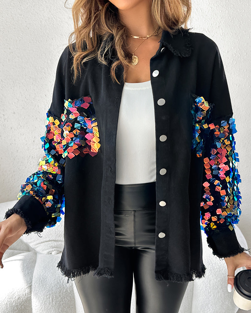 Contrast Sequin Long Sleeve Jacket Top Button Front Raw Hem Loose Fit Shacket
