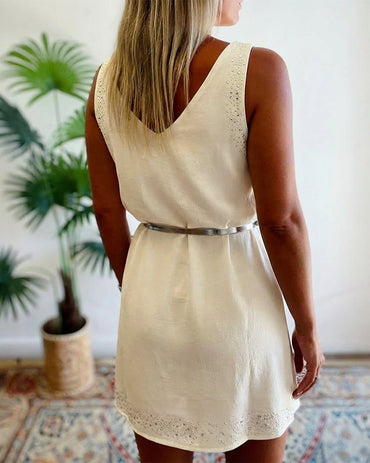 Rhinestone Decor V-Neck Sleeveless Dress Casual Backless Vacation Dress with Belt