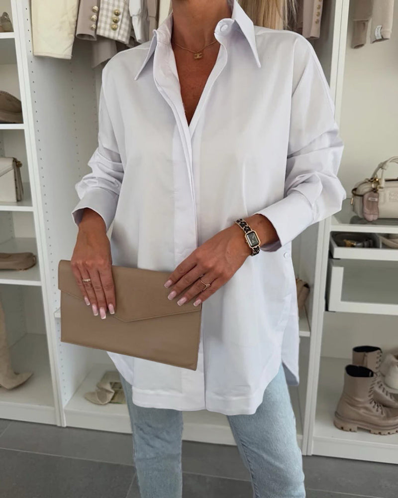 Women's Cotton Oversized Button Down Shirt Long Sleeve Blouse Casual Curved Hem Top