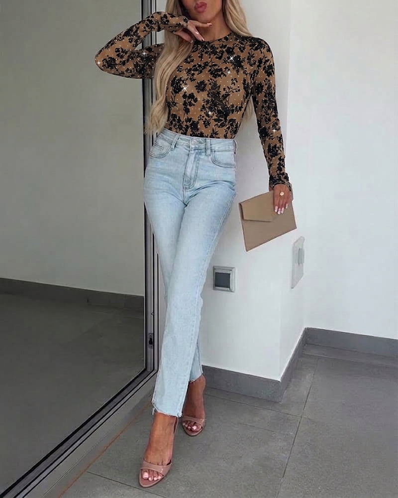 Women's Rhinestone Flocking Floral Sheer Mesh Top Fitted Long Sleeve Tee with Thumb Holes