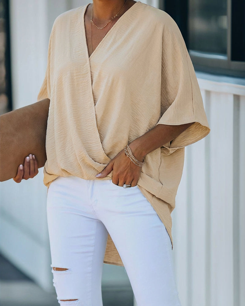 Overlap V Neck Batwing Sleeve High-Low Hem Blouse Casual Ruched Loose Fit Minimalist Top