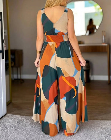 Abstract Print V-Neck Stretchy Thick Straps High Waist Backless Overalls Casual Shirred Waist Cinched Waist Wide Leg Jumpsuit