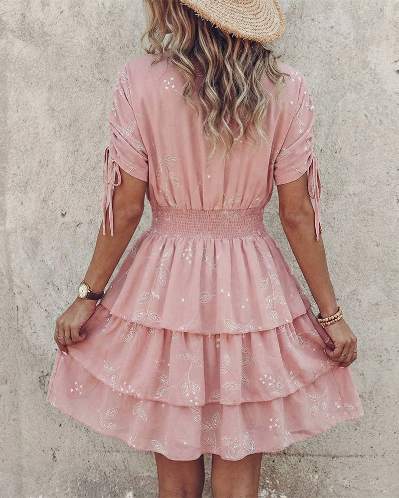 Star & Leaves Print Overlap V Neck Drawstring Short Sleeve Shirred Waist Mini Dress Sweet Cinched Waist Ruffle Hem Dress