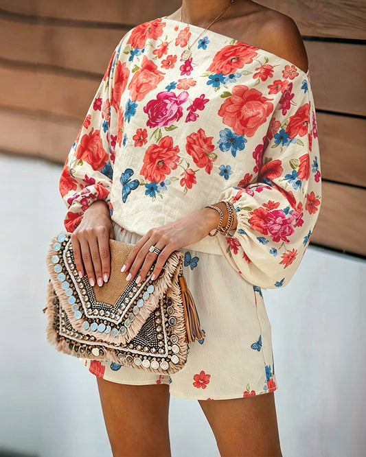 Women's Floral Butterfly Print 2-Piece Set Off-Shoulder Lantern Sleeve Top and High-Waisted Shorts Casual Vacation Outfit