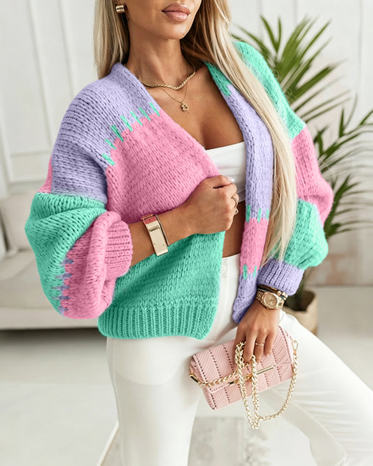 Women's Colorblock Knit Cardigan Chunky Knit Sweater Ribbed Trim Long Sleeve Casual Loose Knitwear