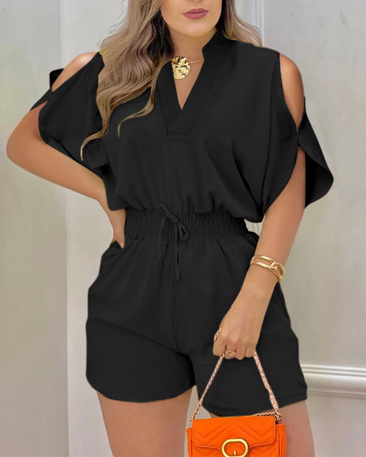 Cold Shoulder Drawstring Shirred Romper