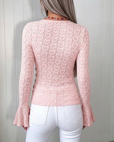 Women's Heart Jacquard Overlap V Neck Top Flare Long Sleeve Side Button Ruched Blouse Slim Fit Wrap Top