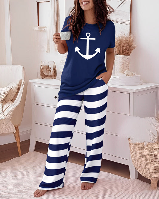 2 Pieces Outfit Anchor Pattern Short Sleeve Top and Striped Elastic Waist Pants Set Casual Pajamas Set