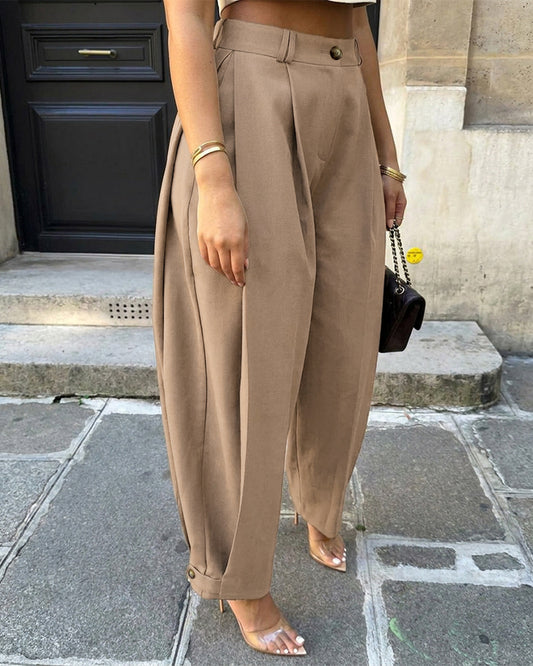 Women's High Waist Pleated Button Cuffed Harem Pants with Pockets