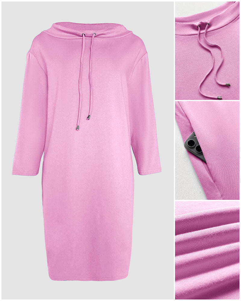 Stand Collar Drawstring Three Quarters Sleeve Casual Sweatshirt Dress