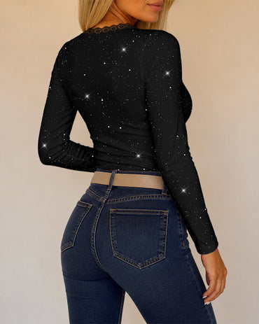 Women's Sparkle Glitter V Neck Long Sleeve Top Ruched Lace Trim Tee