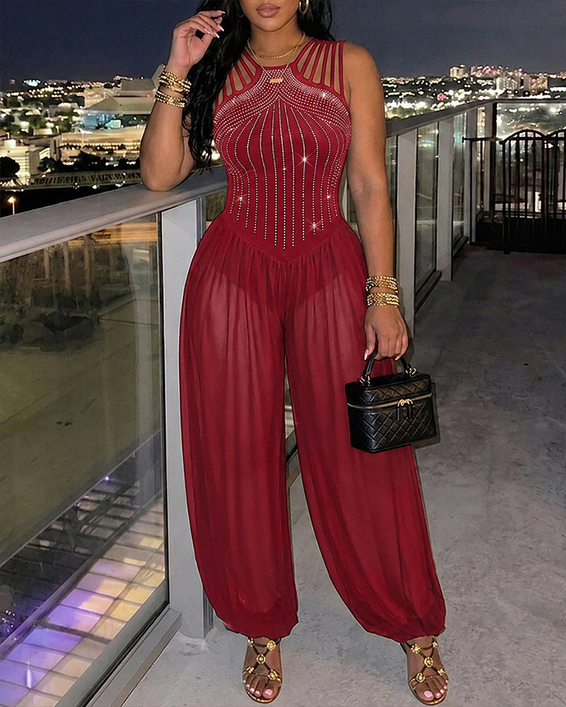 Women's Rhinestone Cutout Jumpsuit Sleeveless Sheer Chiffon Lantern Leg Overalls
