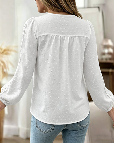 Women's Hollow-Out Lace Spliced Lantern Sleeve Top Elegant 3D Jacquard Chiffon Blouse for Work and Daily Wear